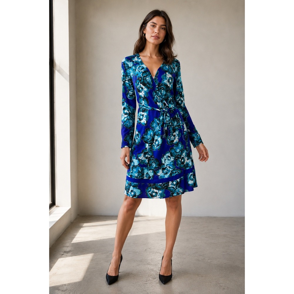Floral Print Wrap Dress, Long Sleeve, Blue Teal Flowers Tie Waist, Casual Medium